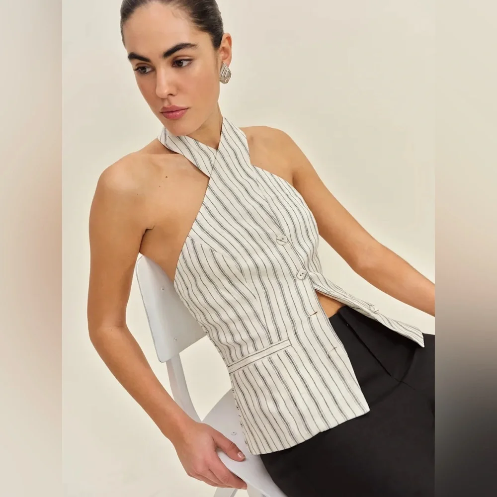 Reformation Tate Linen Top In Elsie Stripe, brand new, never worn, no flaws._4